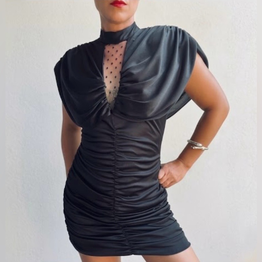 Vintage 80s News from California Sexy Ruched Black Bodycon Mini Dress S